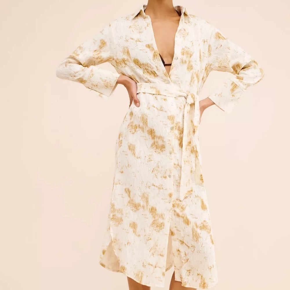 Little Lies Crinkle Dye Tie Waist Shirt Midi Dress Size Medium